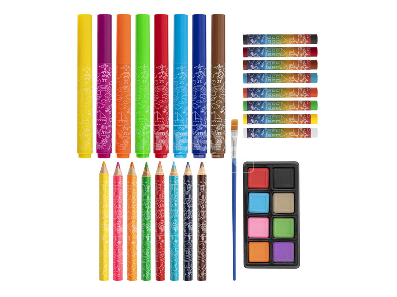 Grafix - Kreatív börönd 33 db - 8 ceruza, 8 filctoll, 8 zsírkréta, 8 festék, 1 ecset - 26x20x4 cm kép nagyítása