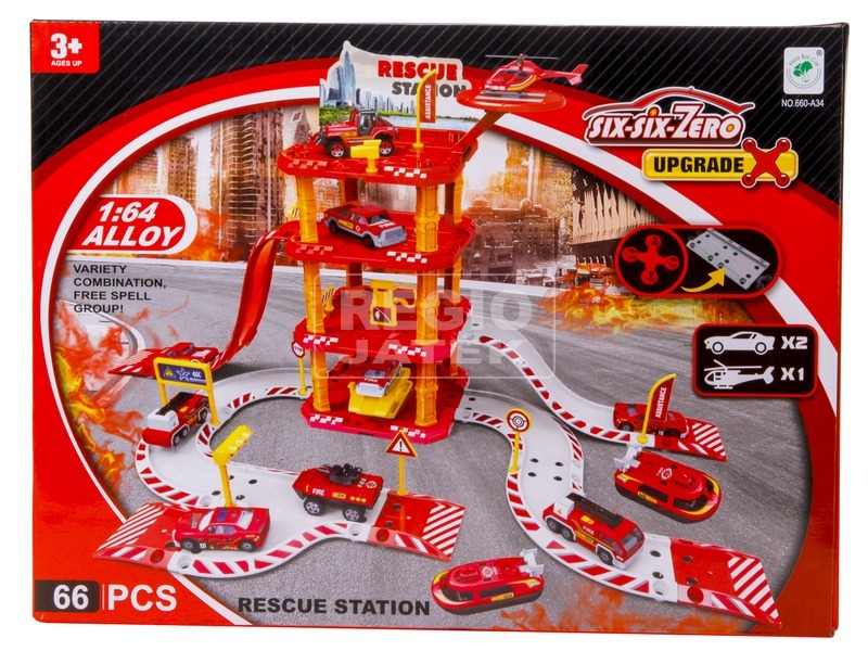 Tűzoltó parkolóház és helikopter leszálló fém kisatóval és tűzoltóval kép nagyítása