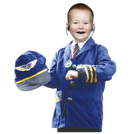 Pilóta jelmez: kabát, nyakkendő, sapka, mikrofon, óra, iránytű, lista